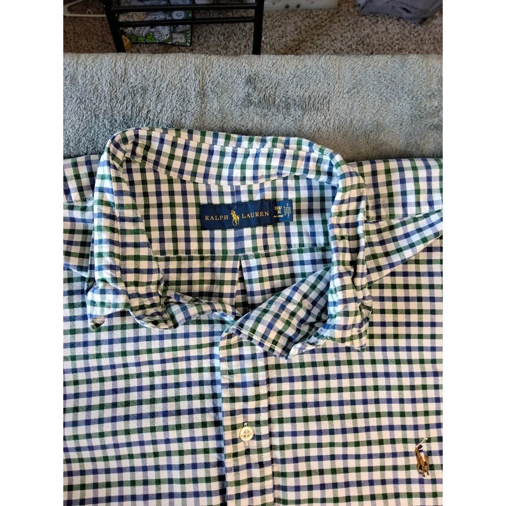 Polo Ralph Lauren Mens 3XB Big & Tall Gingham‎ Button Down Shirt Green Navy Blue